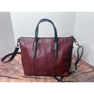 Fossil Skylar Satchel Brown Leather Black Suede Stripe Crossbody Purse